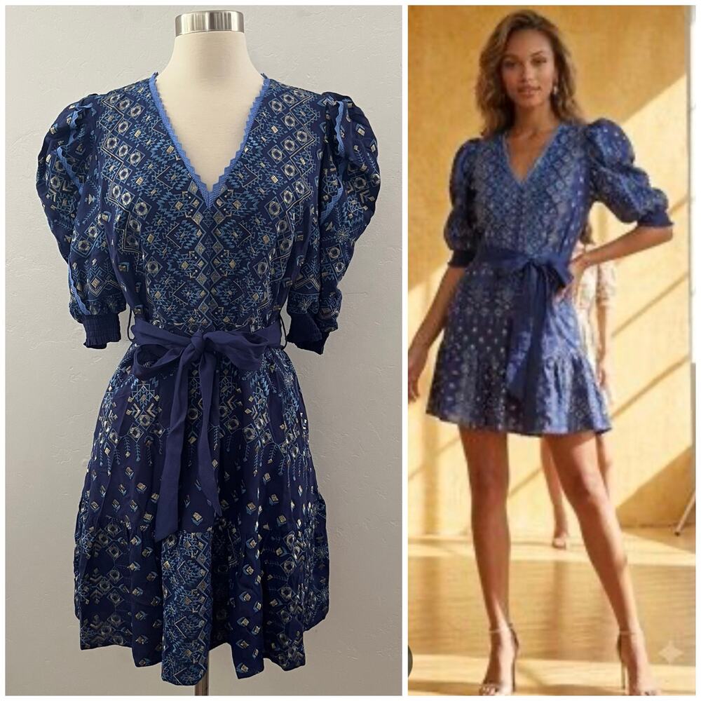 Hale Bob Embroidered Mini Dress Medium Navy Blue Glam Party Eveningwear NEW